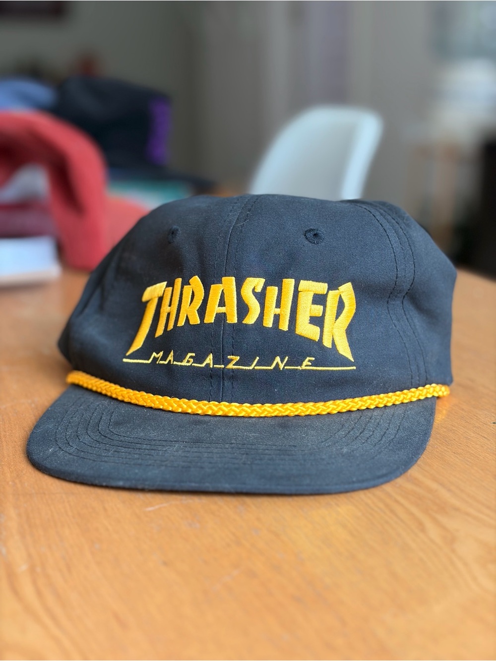 Black Thrasher Snapback with Yellow Logo and Rope